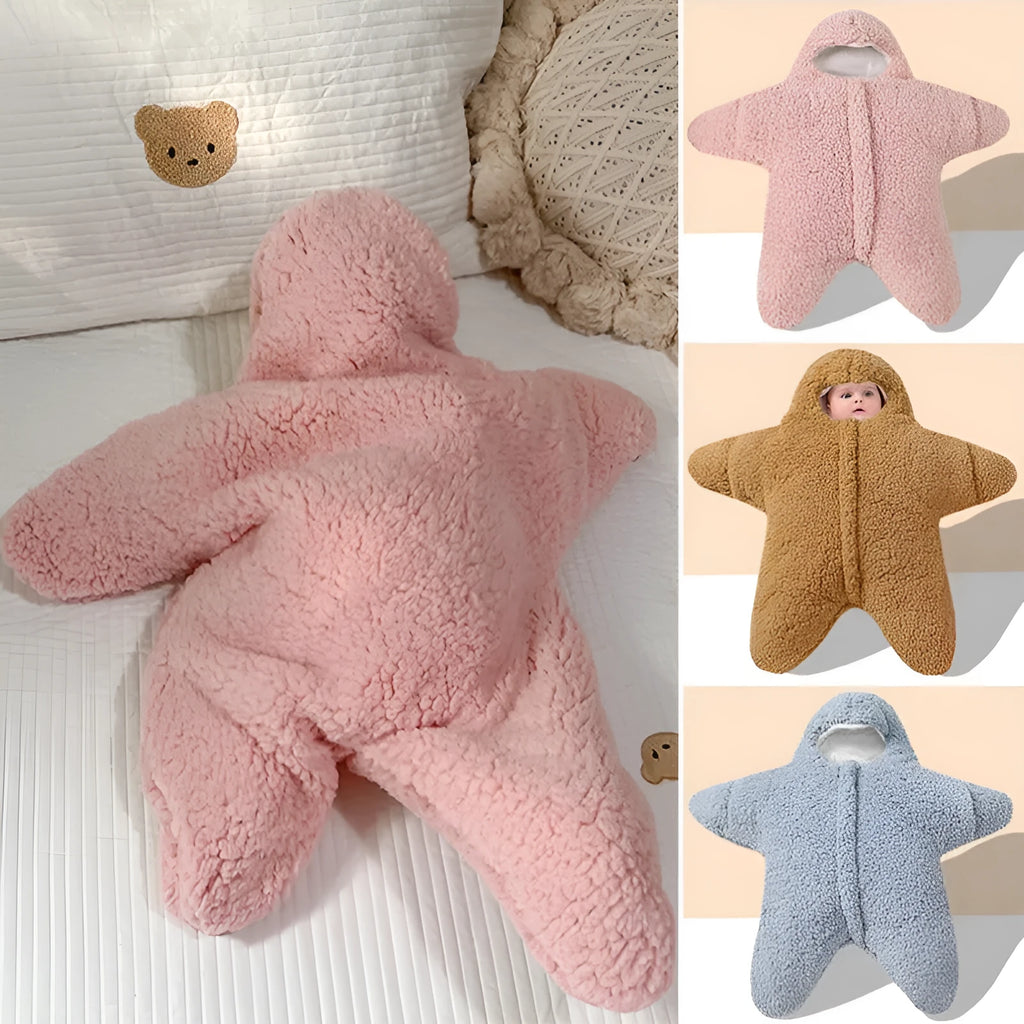 Cashmere and cotton baby sleeping bag with hood in starfish lamb velvet design