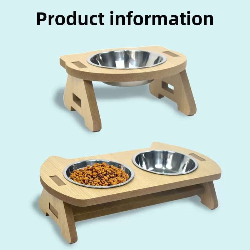 Wooden cat bowl feeder with two stainless steel inserts for food and water