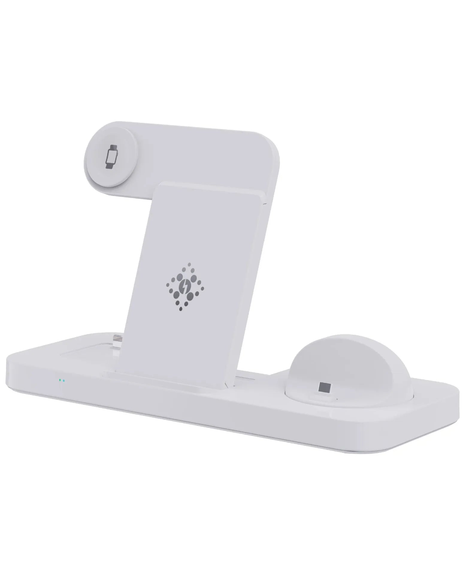 Black six-in-one foldable wireless charger with phone, earbuds, and watch charging zones on a desk