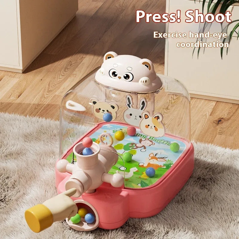 Cute Bear plastic pinball machine press launch toy in pink, orange, and green colours for children aged 4-6.