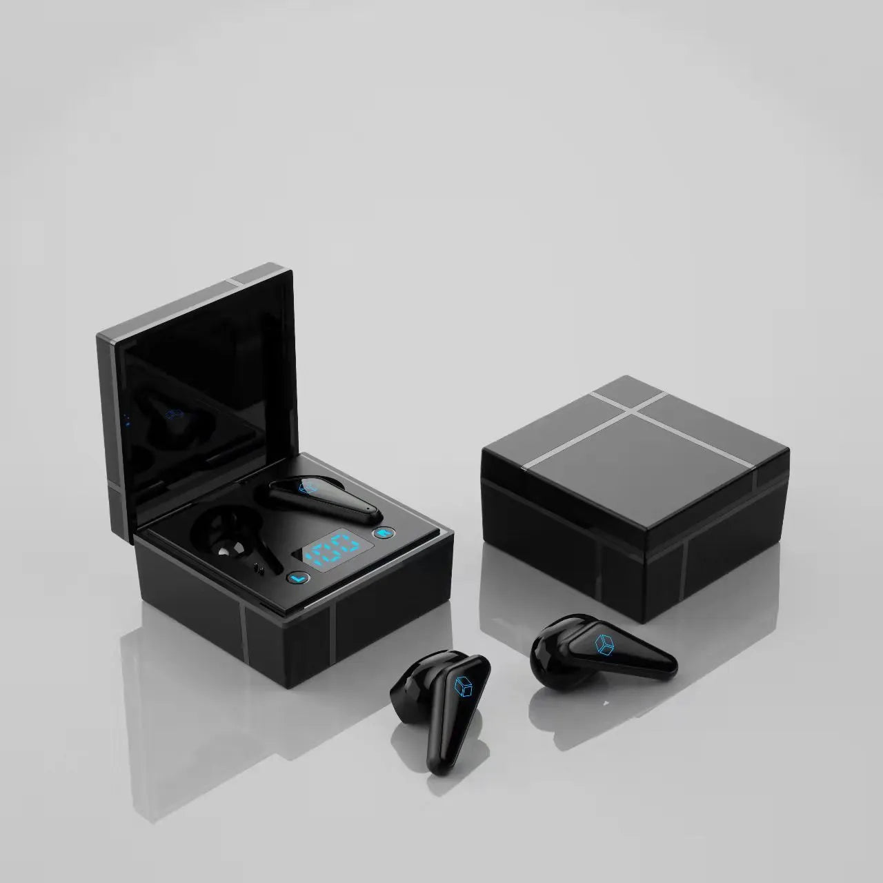 Bluetooth gaming headset with digital display shown in blue and white colour scheme