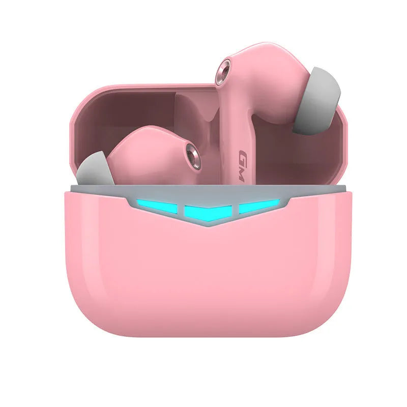 True wireless in-ear gaming headset with charging case, shown in black, pink, white, and grey colour options.