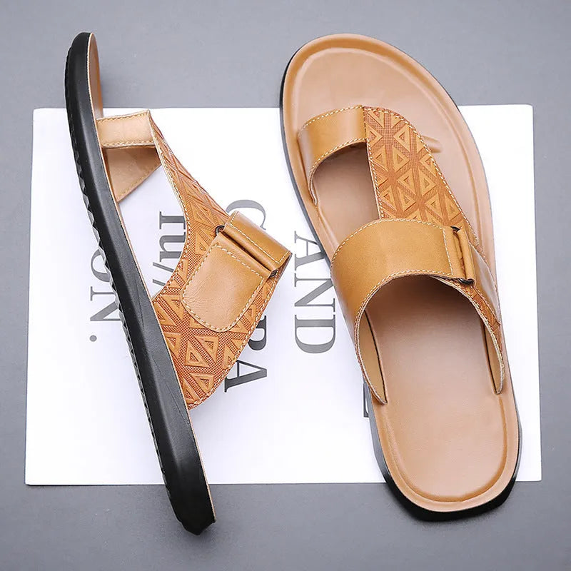 Men's simple beach slippers with cowhide uppers and rubber soles in light brown colour