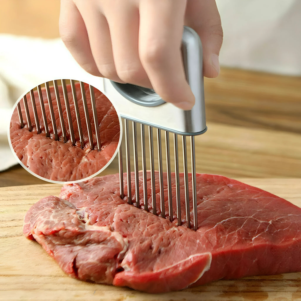 Stainless steel onion holder with sharp prongs and finger guard for vegetable slicing