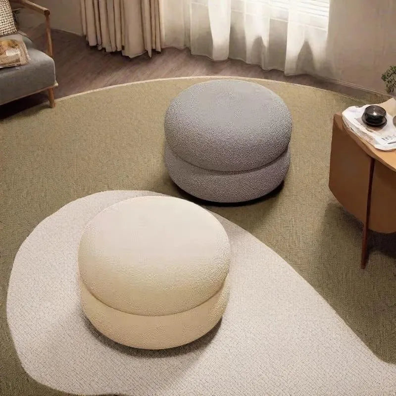 Small round stool with cream-style finish in white colour featuring three layers of lamb high elastic sponge for household use