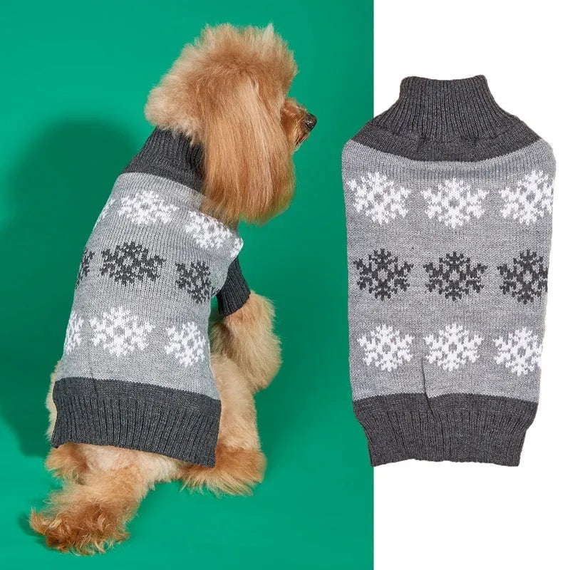 Grey dog Christmas sweater with snowflake and reindeer pattern for winter pet clothing