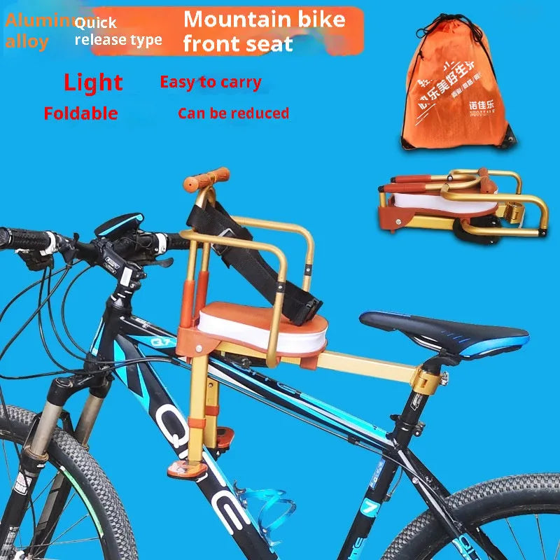 Aluminium alloy front-mounted folding children's bicycle seat in yellow with handrail attached to an ordinary bike