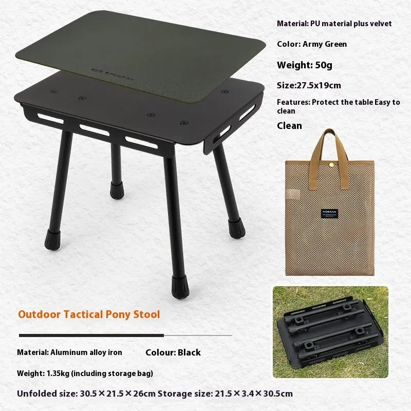 CLS aluminium dual-use folding camping stool converted into a small table next to its storage bag.