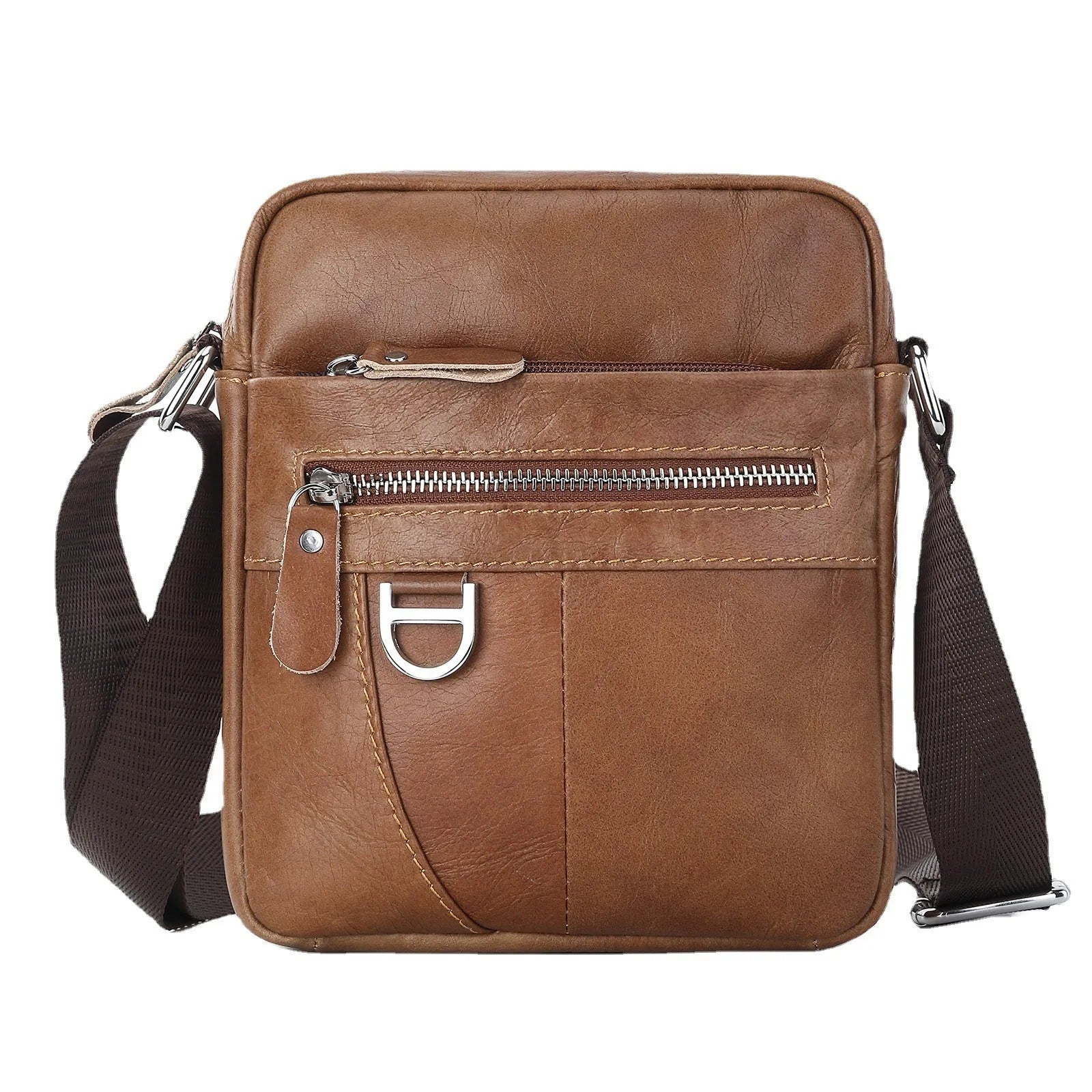 Black genuine leather crossbody messenger bag for boys with sewing line detail showing 8 inch size