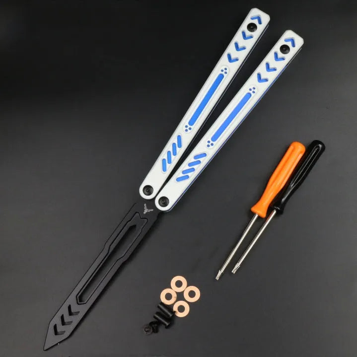 Unbladed aluminium butterfly knife trainer with G10 grip patches showing 25.5cm length and black finish