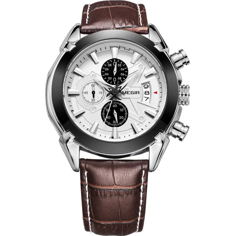 Men's brown and white dial chronograph watch with three subdials and luminous hands on a black strap.