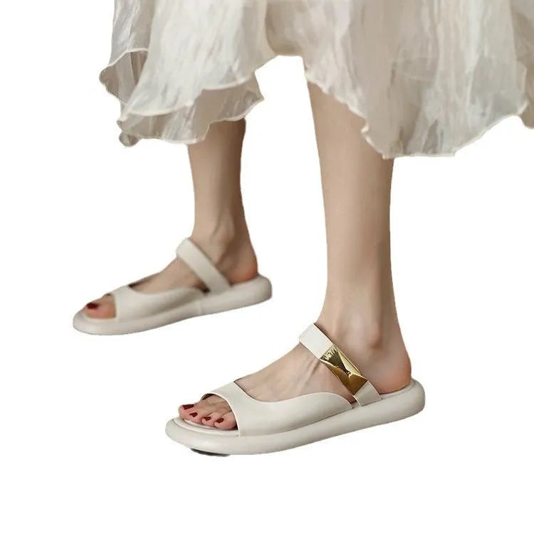 Women's apricot peep toe flat sandals with French soft leather strap and rubber platform sole