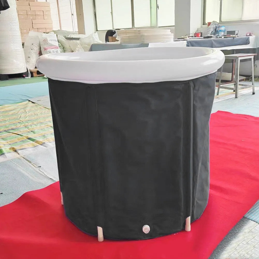 Black inflatable portable ice bath tub with elasticated weather lid, shown at 70x80cm size.