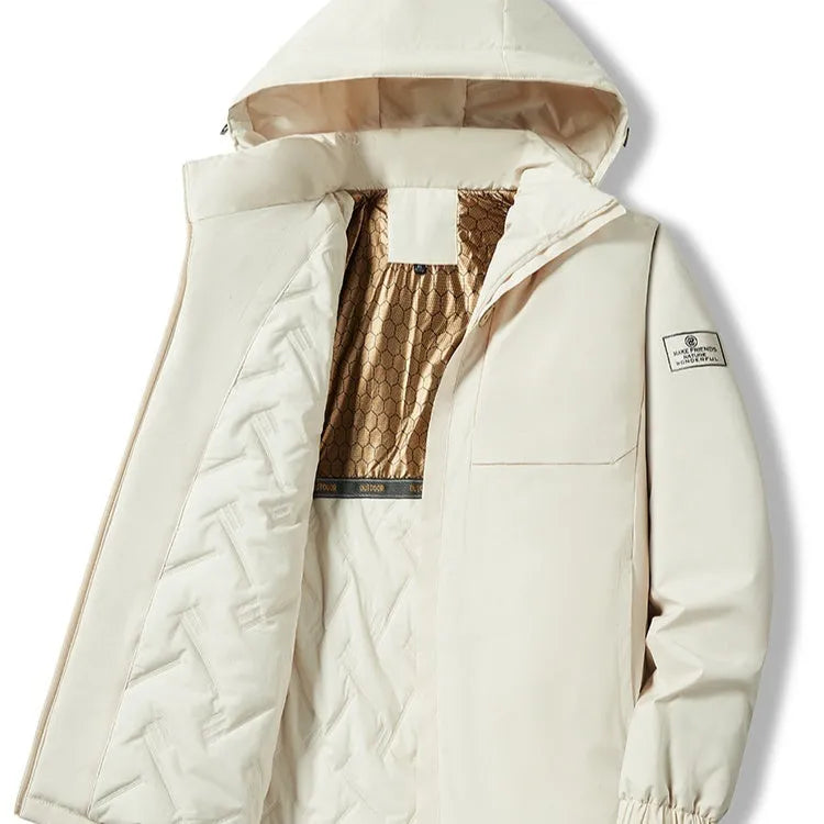 Men's black waterproof winter jacket shown on a hanger, showcasing its windproof outdoor design.
