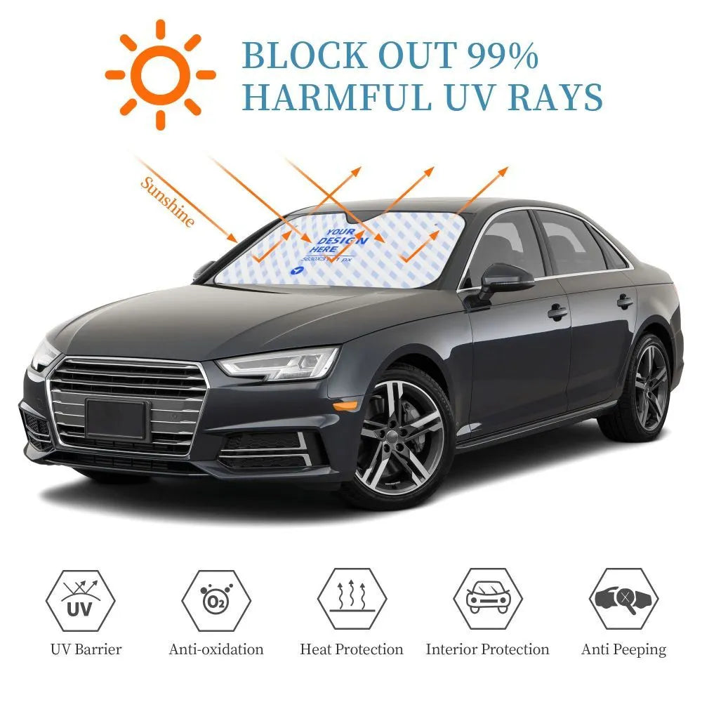 White aluminium foil car windshield sun visor with suction cups on glass