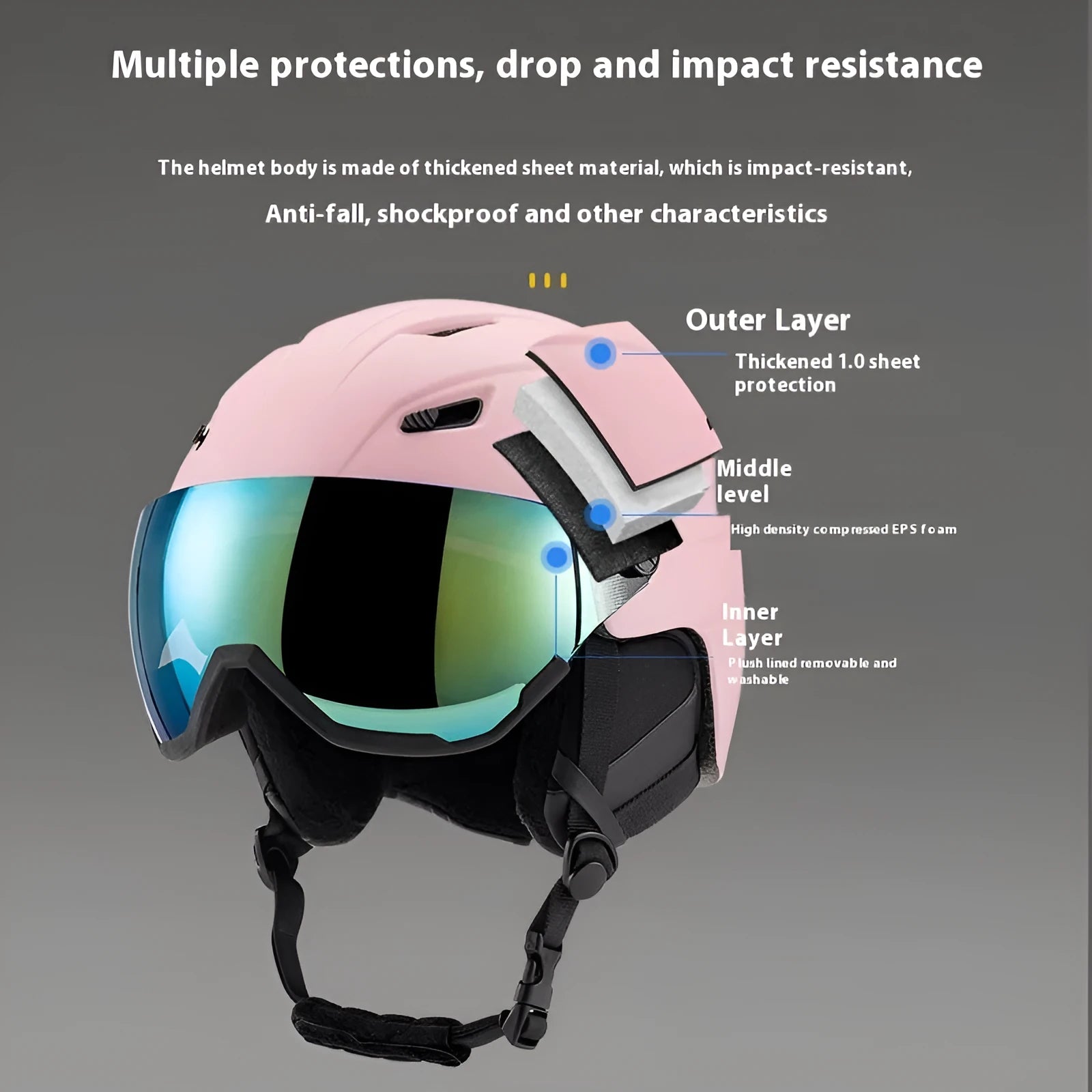 Unisex skiing helmet cover with PC shell EPS liner in matte black lens style, side view