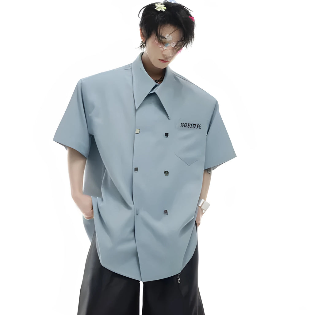 Men's loose fit short-sleeved casual shirt in black with lapel collar and decorative splicing.