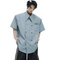 Men's loose fit short-sleeved casual shirt in black with lapel collar and decorative splicing.