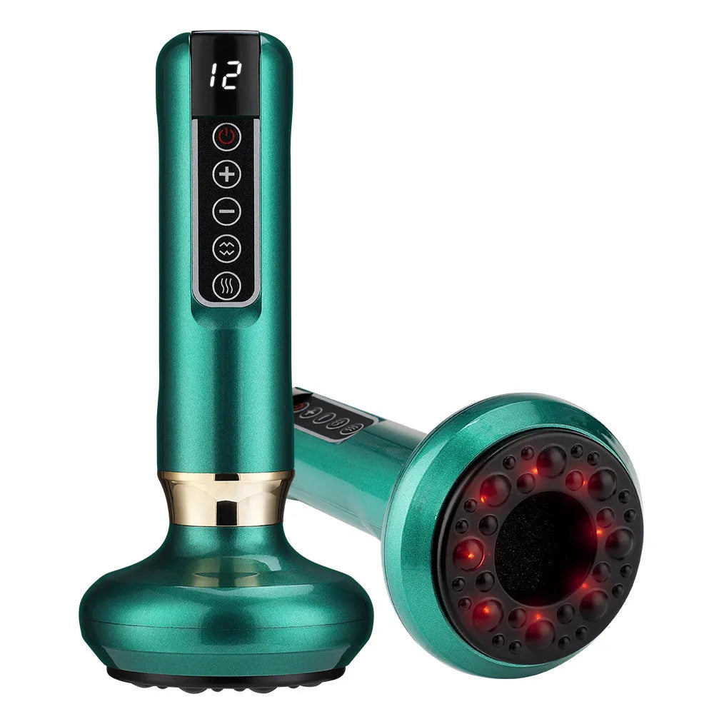 Green electric vacuum cupping massager with USB charger on a white background.