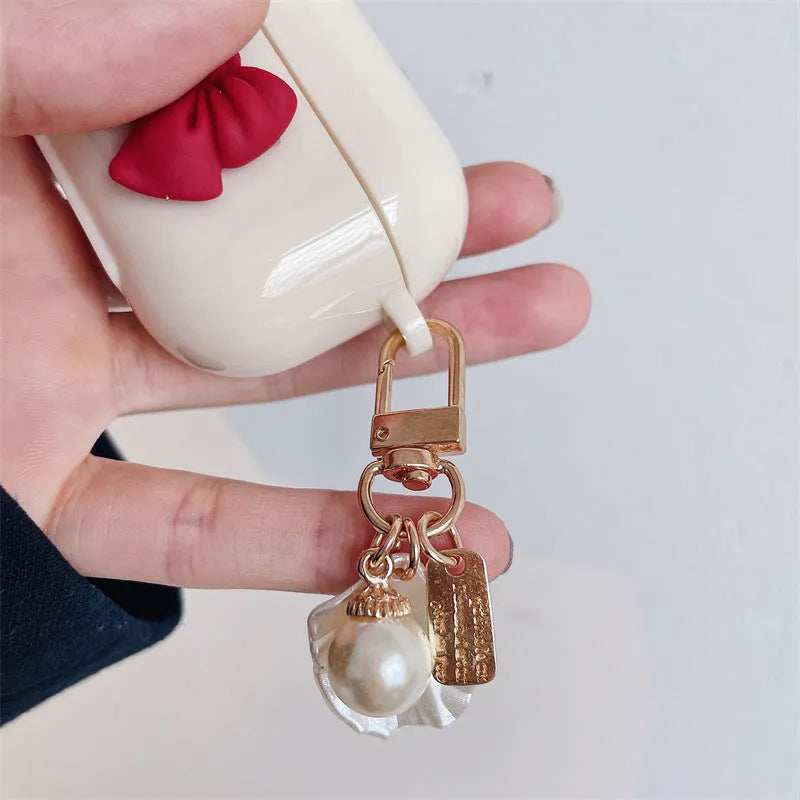 Beige red bow shell TPU protective case for AirPods Pro and AirPods 3 wireless earphones