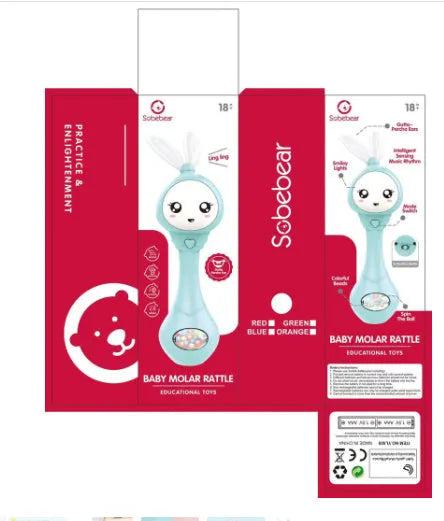 Baby musical rattle stick chewable teether toy in light blue, mint green, orange, or pink.