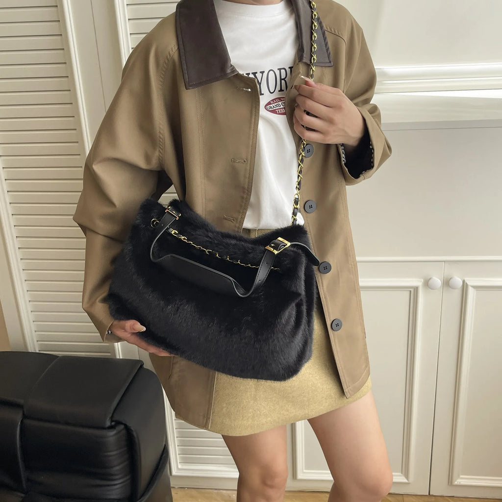Large capacity fur shoulder messenger bag for women, plush material, horizontal square shape, chain and stitching details, apricot colour