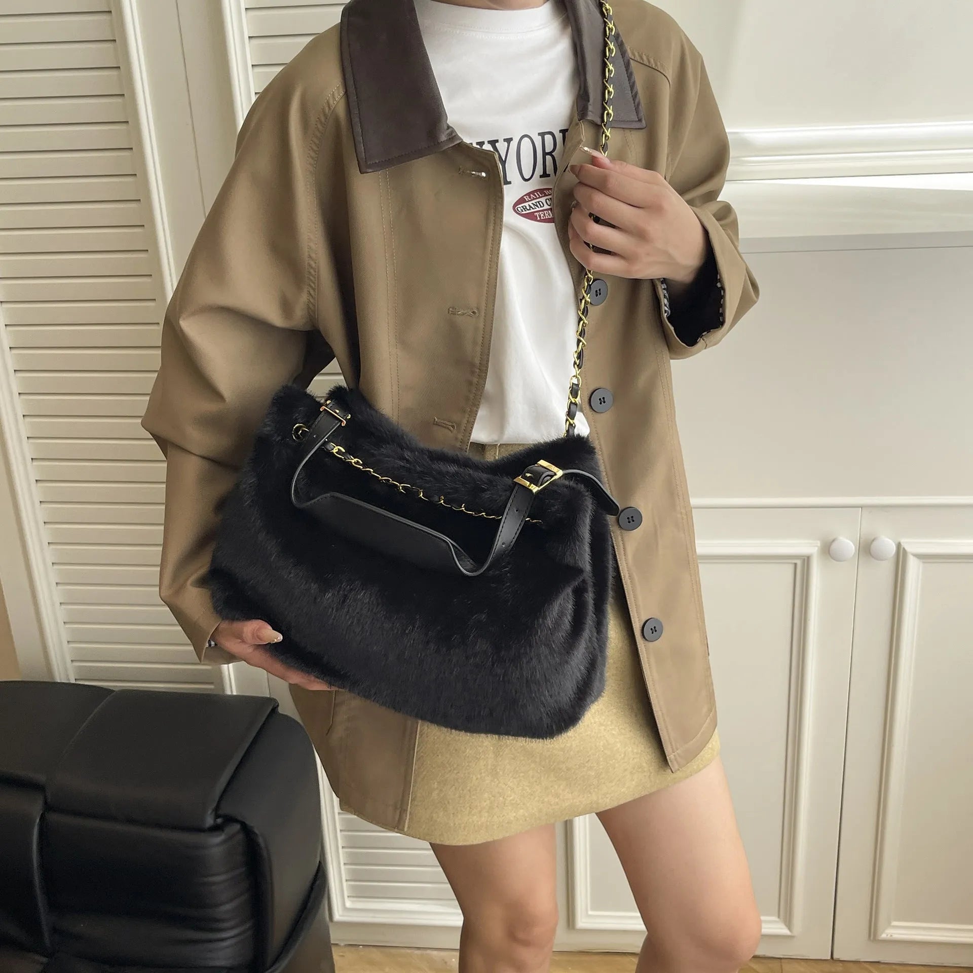 Large capacity fur shoulder messenger bag for women, plush material, horizontal square shape, chain and stitching details, apricot colour