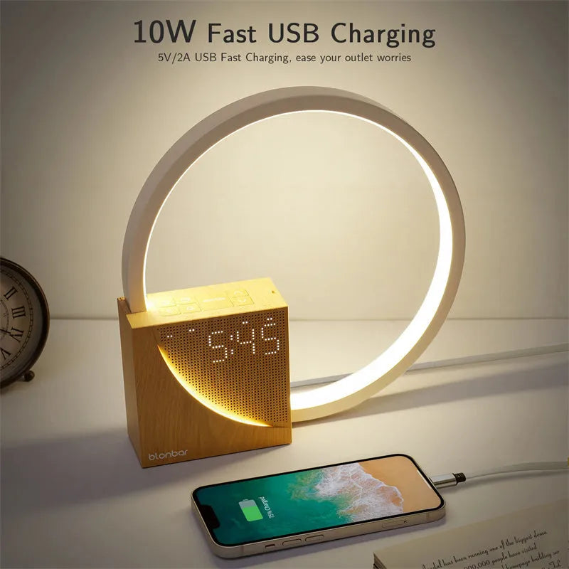 Navy blue wooden touch control bedside lamp with digital alarm clock display and natural sound functions