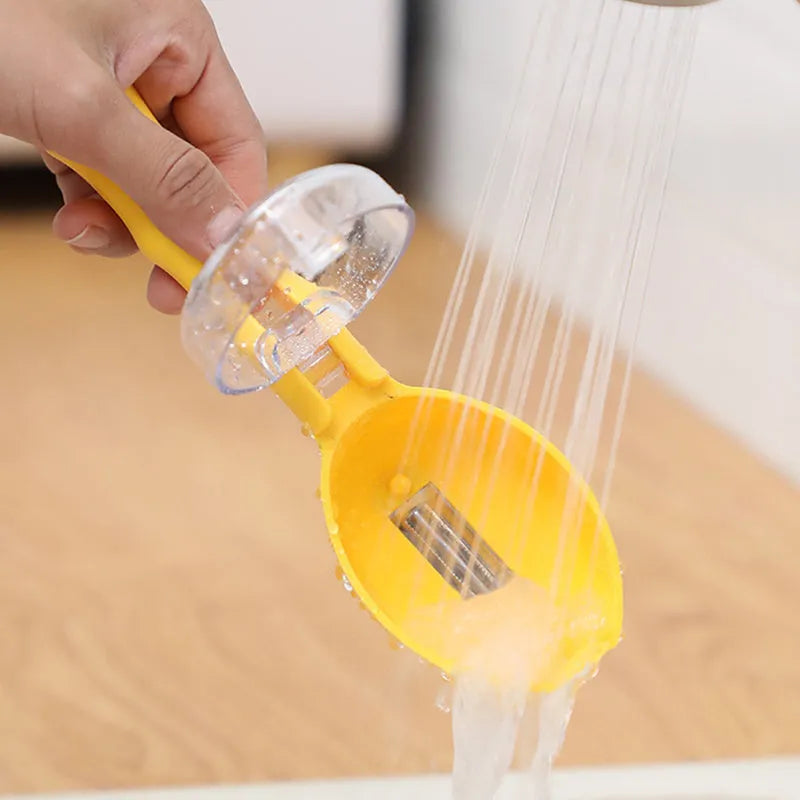Yellow peeling knife with a storage lid on a kitchen counter.