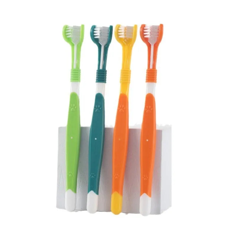 Pet toothbrush with angled handle and soft nylon bristles in multiple colour options for dog and cat dental care