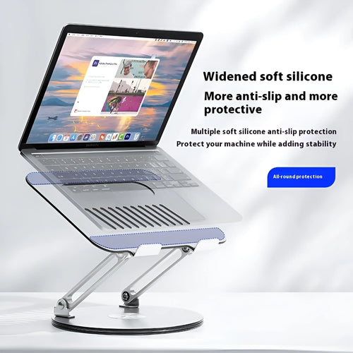 Silver aluminium alloy foldable and rotatable laptop stand on a desk