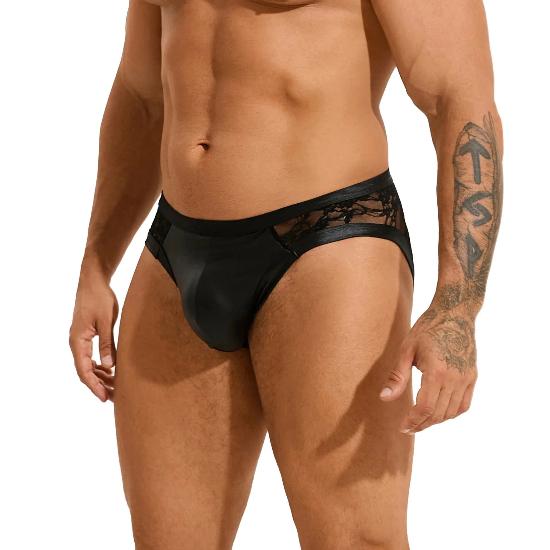 Black men's faux leather briefs with decorative stitching and lace trim detail