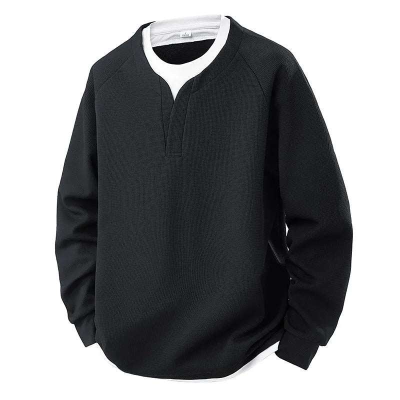 False-two-piece V-neck waffle sweater in solid colour, polyester fibre pullover top
