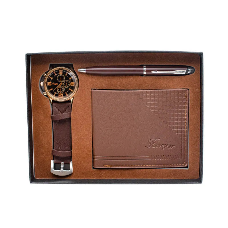Creative holiday gift set showing wallet, pen, and watch in gift box with black or brown colour options