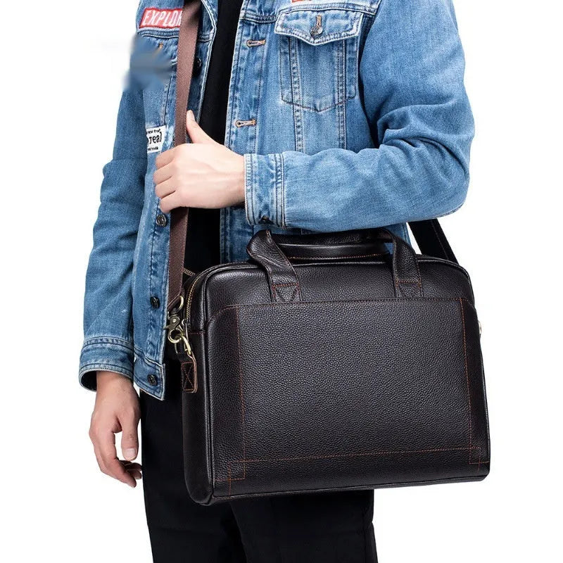 Men's genuine first layer cowhide leather portfolio bag in brown, fits 15-inch laptop, simple solid colour design
