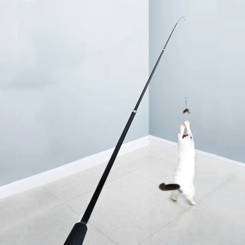 Extendable cat-teasing stick with 180cm rod, feather replacement head, bells, and fishing line on a plain background