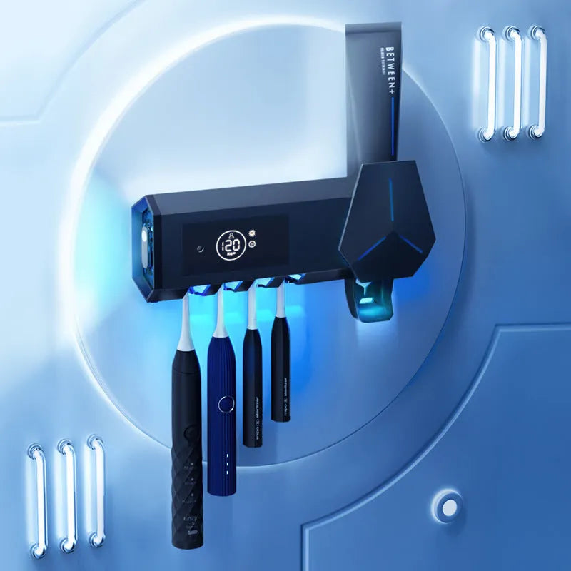 White plastic smart toothbrush sterilizer with ultraviolet light mounted on bathroom wall with suction cup