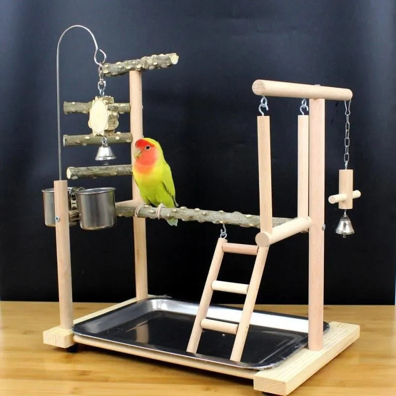 Pepper wood parrot stand pole with attached tiger skin peony toy and Xuanfeng Xiaotai bird platform.