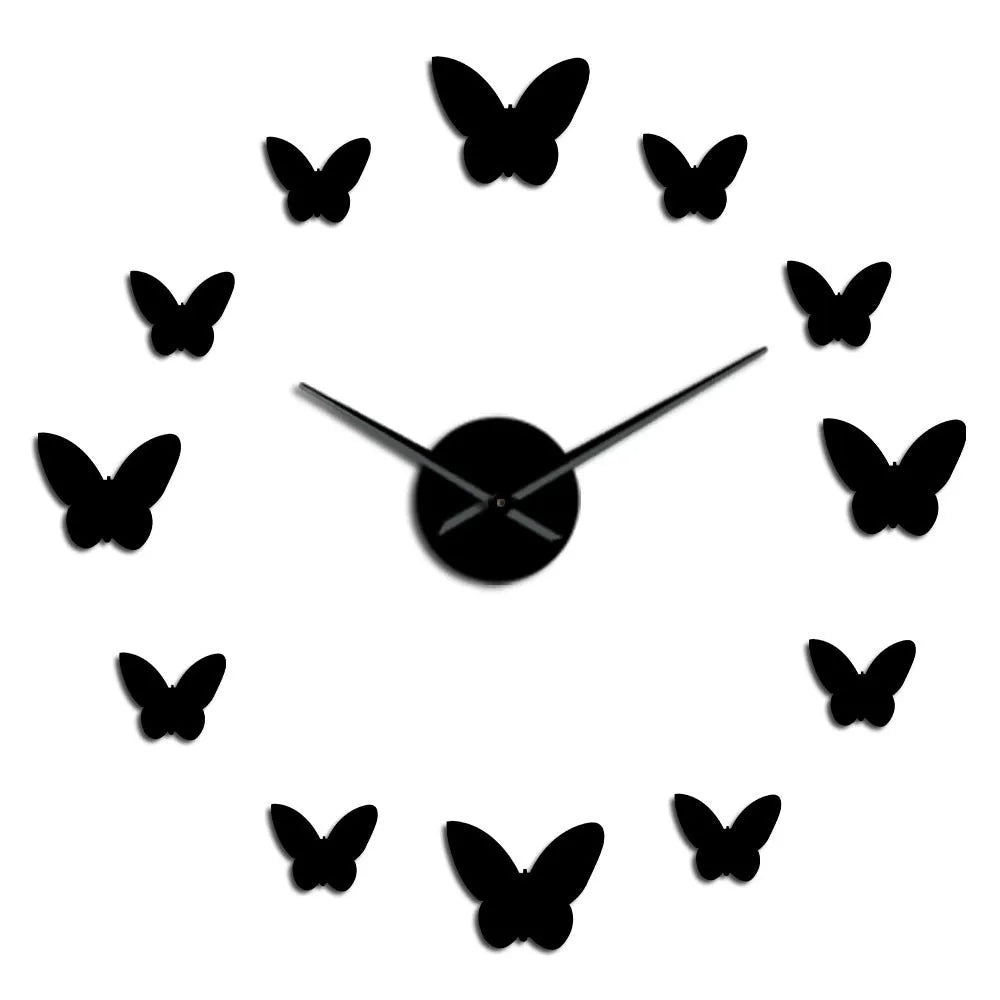 3D mirror wall clock butterfly design round Scandinavian style black gold silver home decor