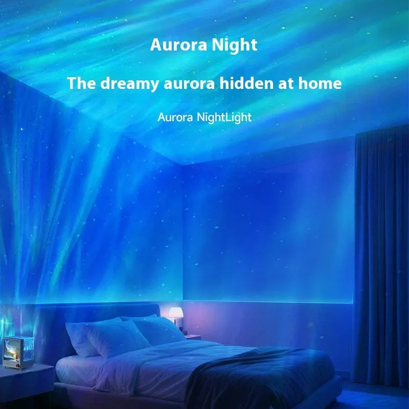 Aurora Treasure Box atmosphere projection lamp showing Star Sea Whale coloured light on a surface.