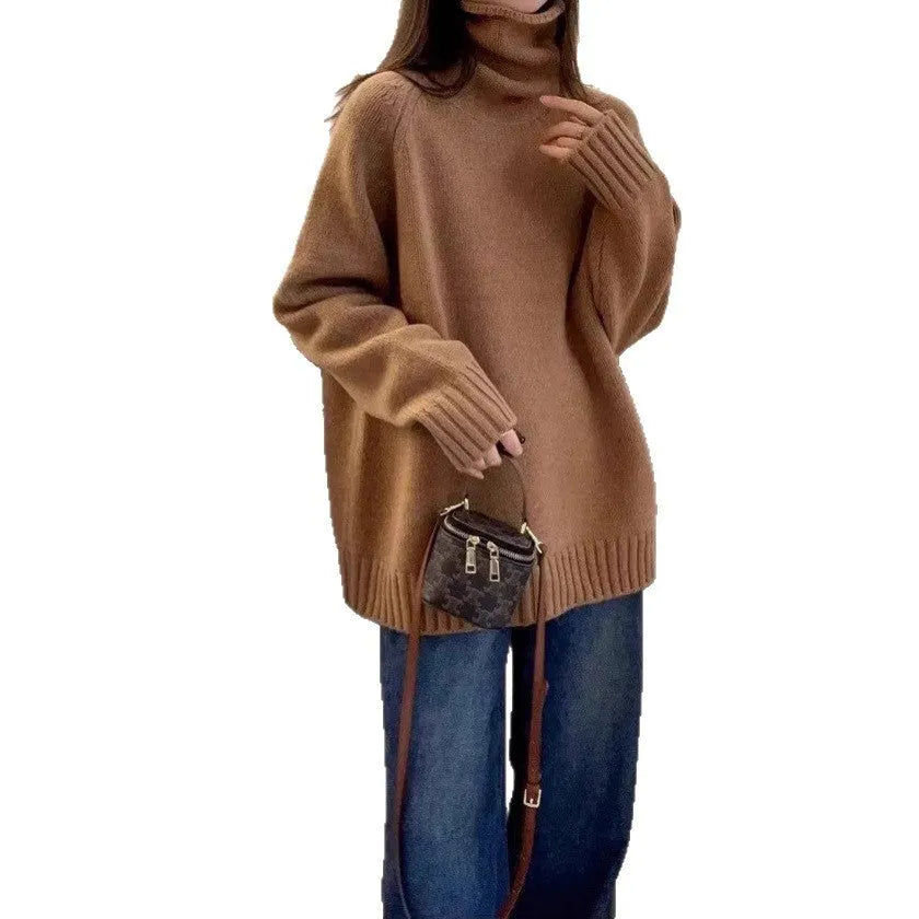 Women's loose fit grey turtleneck sweater with a thick curling pile collar on a hanger.