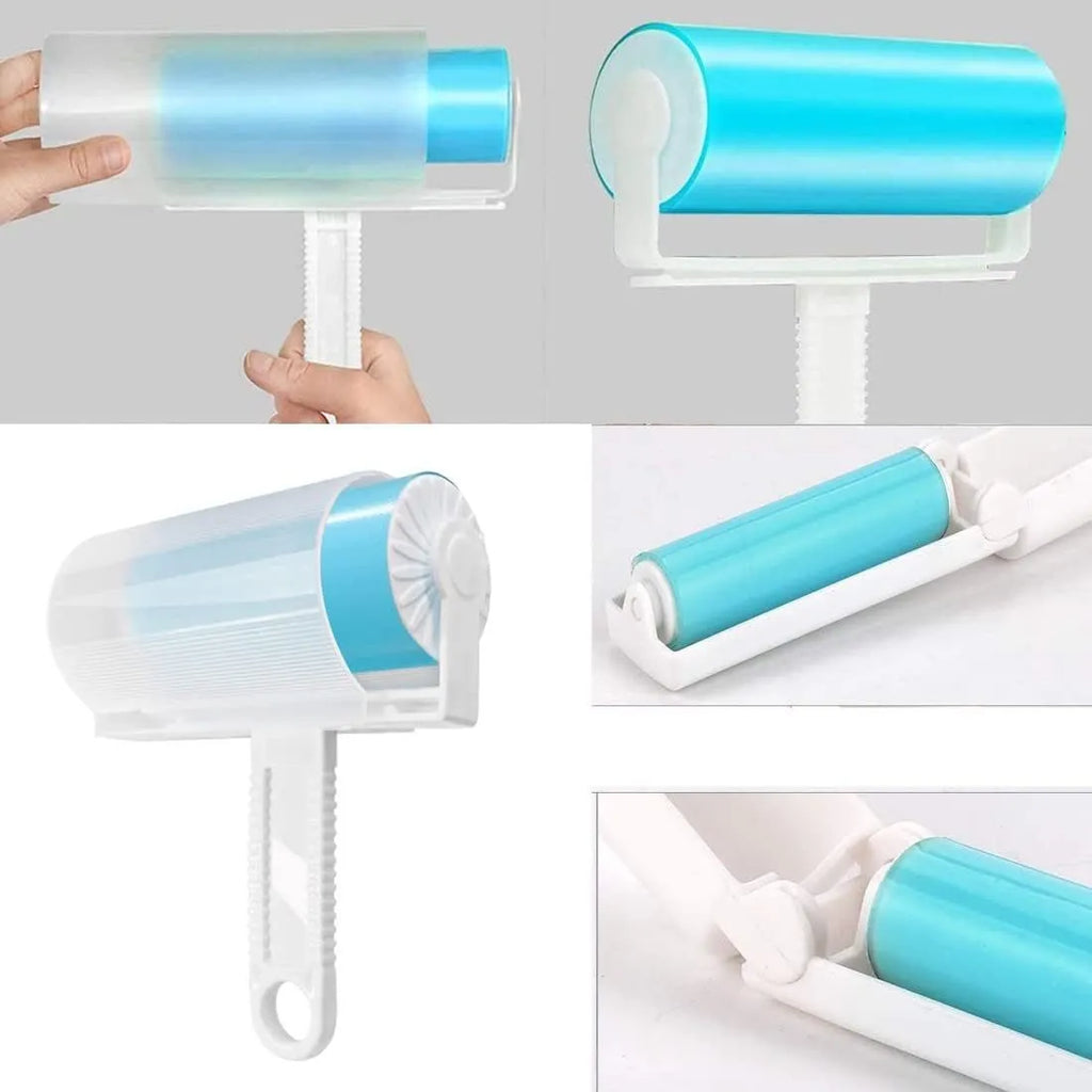 Washable reusable lint roller with protective cover for pet hair removal in blue, green, pink or yellow