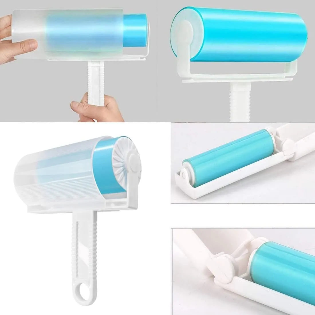 Washable reusable lint roller with protective cover for pet hair removal in blue, green, pink or yellow