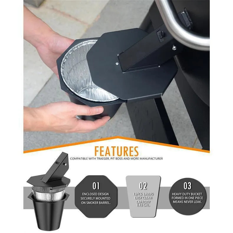 Black barbecue grease catcher with cover and tin foil drip buckets for smoking and grilling