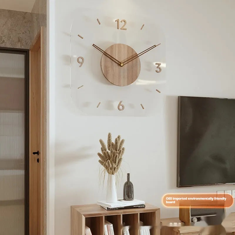 Transparent wooden frame wall clock with modern design showing 35cm square dimensions