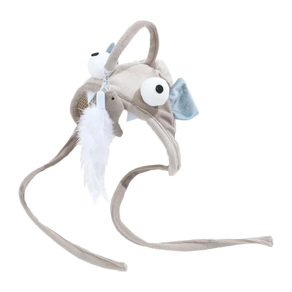 Adjustable head-mounted cat teaser toy with grey big eye fish attachment and dinosaur design