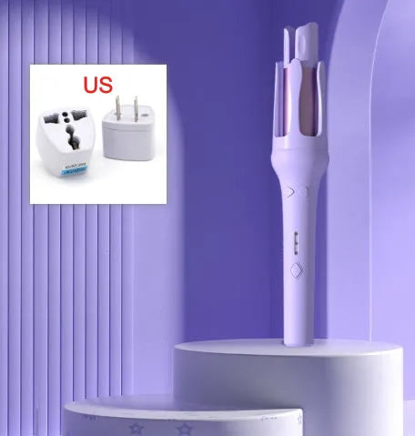 White and pink automatic hair curler with a rotating 32mm ceramic barrel and digital temperature display.