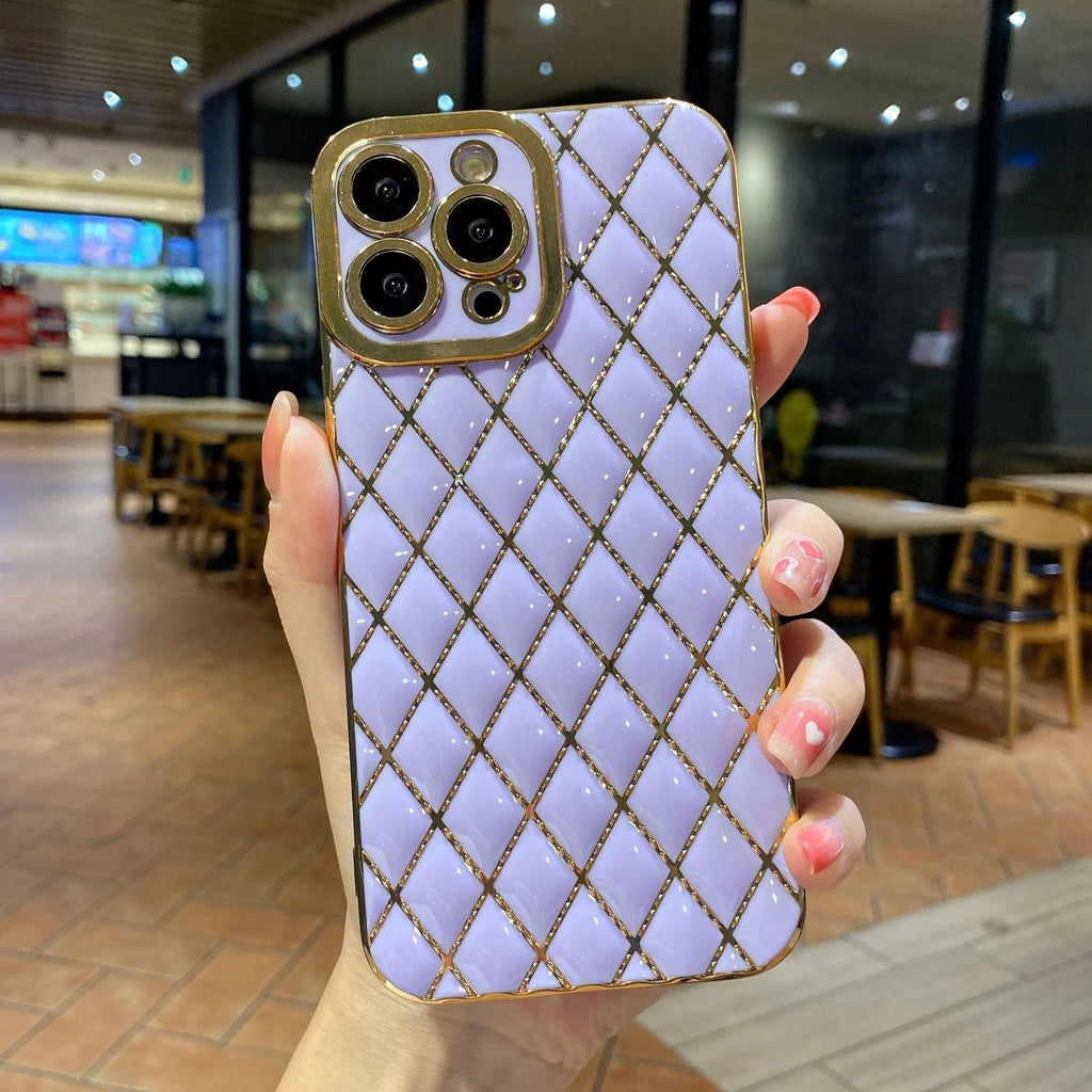 Electroplated 6D diamond TPU iPhone back cover in black, angled view with reflective pattern