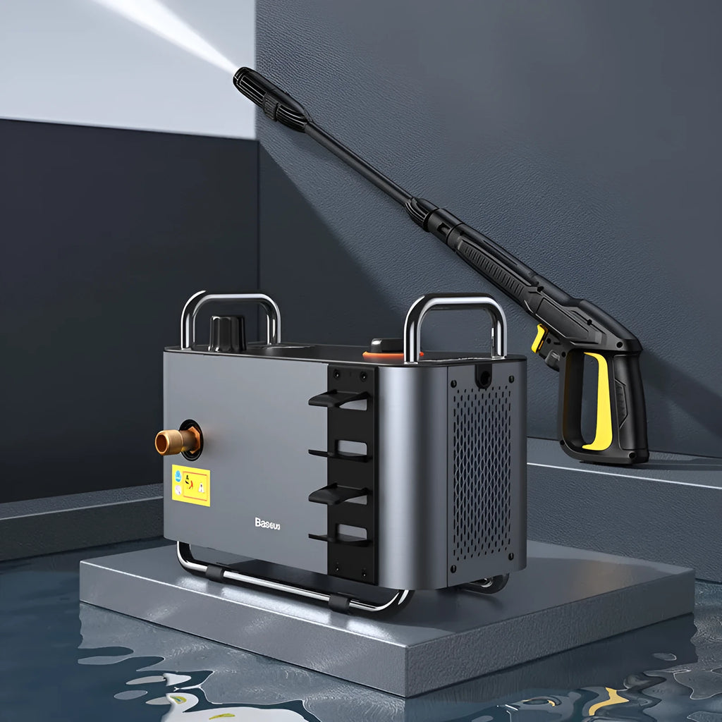 Grey F1 Car Pressure Washer with 10-metre outlet pipe and foam pot on a clean driveway