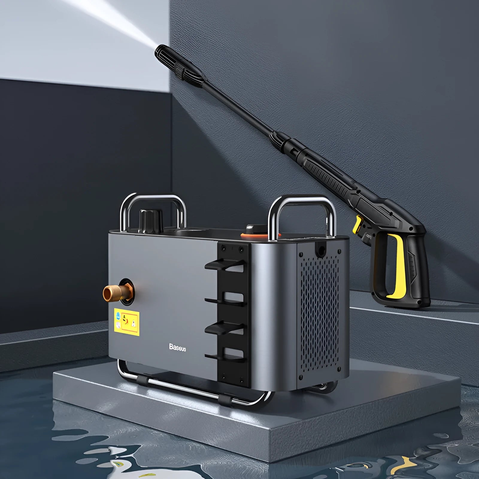 Grey F1 Car Pressure Washer with 10-metre outlet pipe and foam pot on a clean driveway